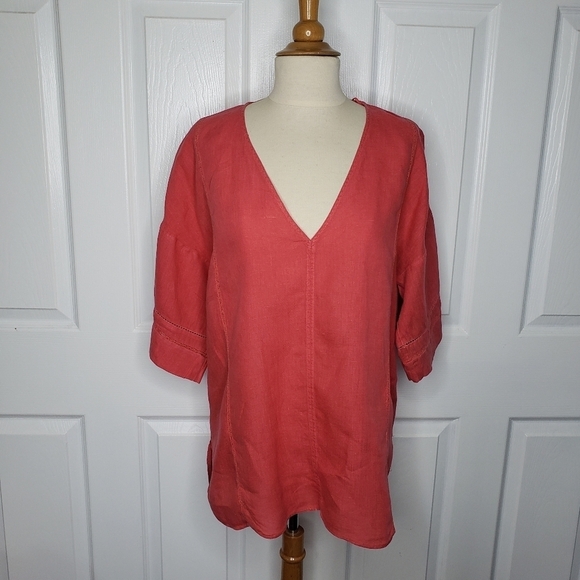 Zara 100% Linen Top V Neck Popover Drop Shoulder Small Poppy Red Hi Low - Picture 12 of 12